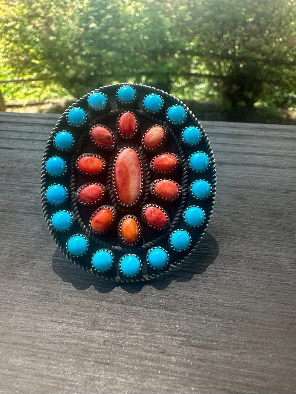 Navajo Devin Brown Sleeping Beauty & Spiny Oyster Sterling Silver Ring